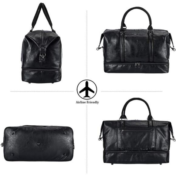 Leather Travel Bag with Shoe Pouch,Weekender Overnight Bag Waterproof PU Leather - Picture 5 of 7